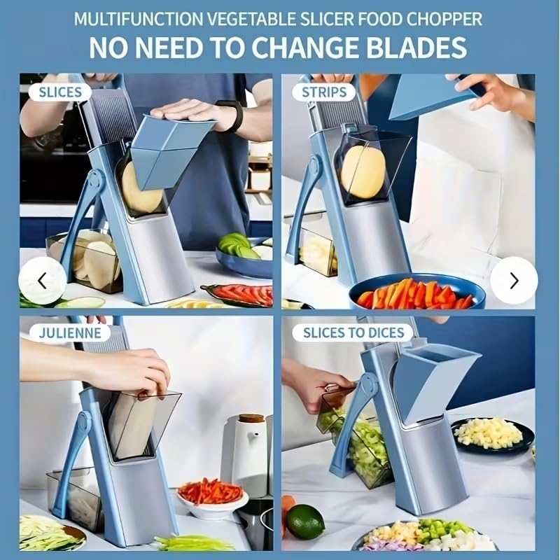 Mandoline Slicer Vegetable Cutter with Container - No Blade Change Needed, Adjustable 0.1-8mm Thickness, Stainless Steel, Hand Guard, Julienne Waffle Cuts for Meal Prep (Blue) - Image 5