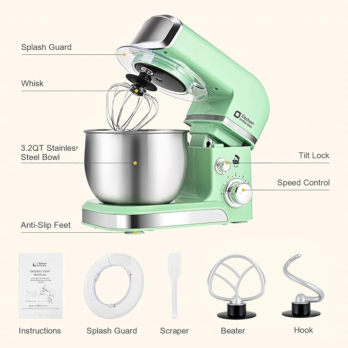 Kitchen in the box Stand Mixer,3.2Qt Small Electric Food Mixer,6 Speeds Portable Lightweight Kitchen Mixer for Daily Use with Egg Whisk,Dough Hook,Flat Beater