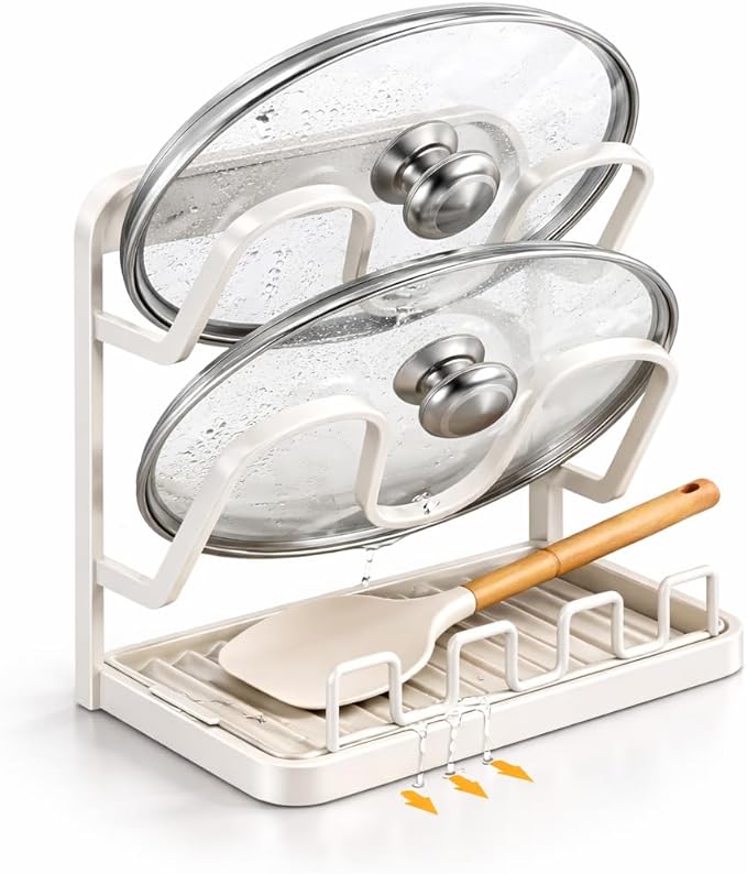 NUOREEL Kitchen Pot Lid Organizer, Extra-Wide Kitchen Pot Lid Storage Rack for Bigger Lids, Heavy-Duty Carbon Steel Frame with Reinforced ABS Base, Fits 30–32cm Lid (White)