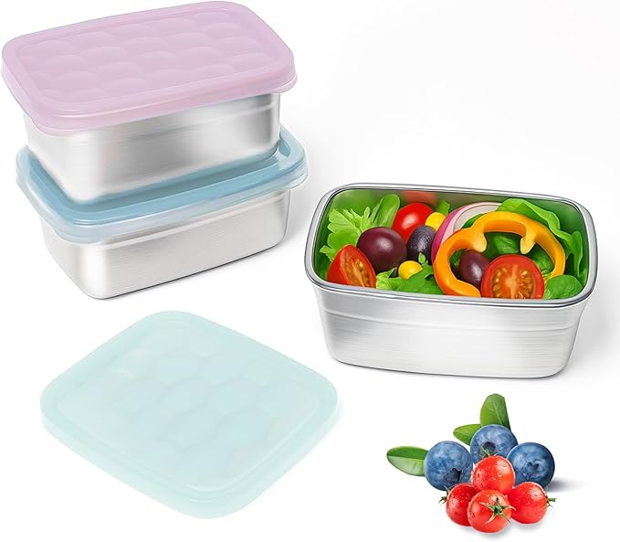 Tanjiae 3-Pack Stainless Steel Snack Containers for Kids & Toddlers - 550ml (18oz) Leakproof Reusable Food Containers with LFGB Certified Lids | Stackable Metal Lunch Box for Daycare, School, Travel