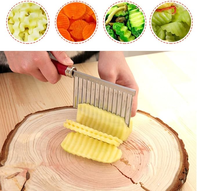 Crinkle Cutter Knife Stainless Steel Cutting Tool for Potato Carrot Chip Vegetable French Fry, Wavy Chopper Wave Slicer Steel Blade, Kids Lunch Accessories (Longer Red Handle)