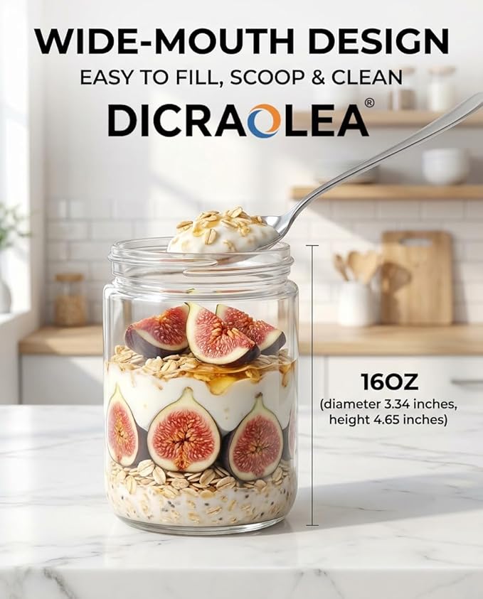 16oz 4Pack Glass Overnight Oats Jars Containers with Airtight Leakproof Lids, Reusable Mason Jars for Meal Prep, Yogurt Parfaits, Smoothies, Salads & Healthy Breakfasts (16 OZ-4-1)