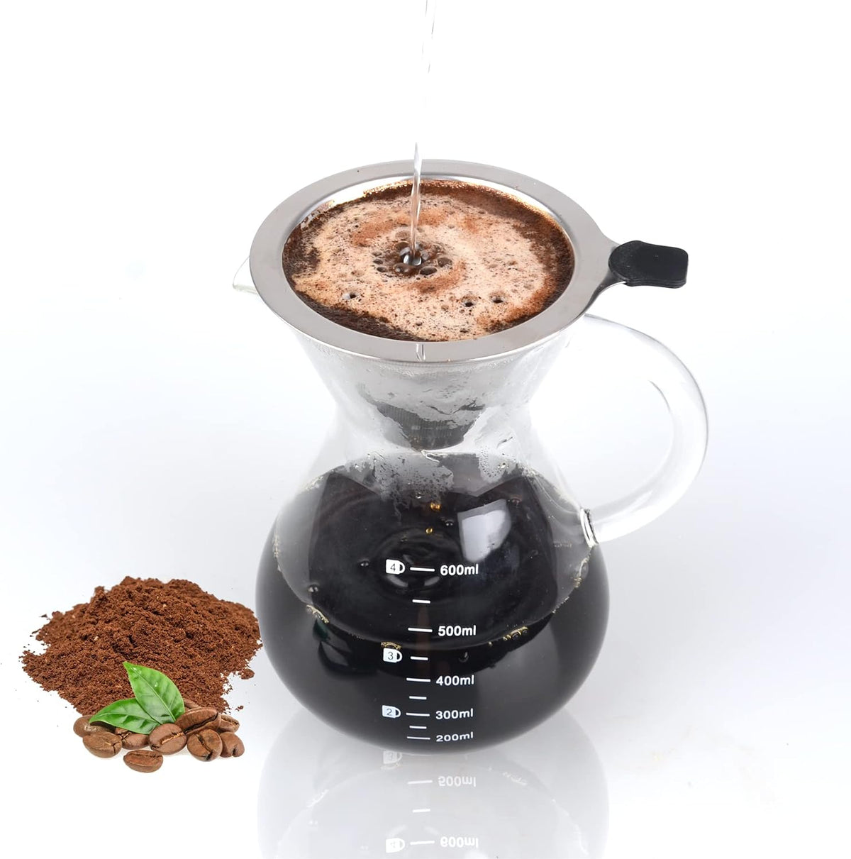 Pour Over Coffee Maker with Reusable Double-layer Stainless Steel Filter, 600ml/20oz BPA-Free Glass Coffee Carafe, Glass Coffee Maker, Coffee Dripper Brewer