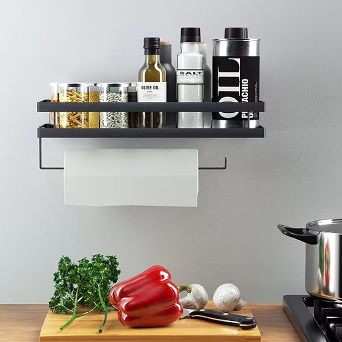 Spice Rack Organizer Wall Mounted with Paper Towel Holder, Bathroom Shelves Storage Shelves,Space Saving Spice Organizer，Sturdy Hanging Organizer with 4 Detachable Hooks for Kitchen and Bathroom