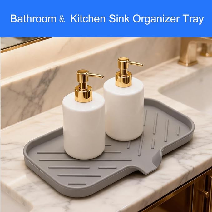 Large Sponge Holder for Kitchen, Silicone Tray with Drain Spout for Dispenser, Scrubber, Bottle, Soap Holder for Shower Bathroom (Grey, 9.8" x 4.9")