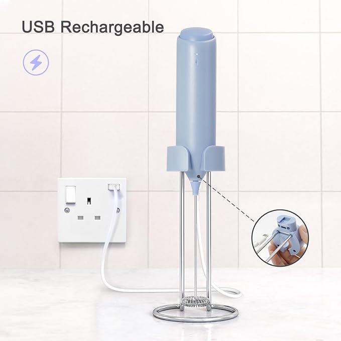 Rechargeable Coffee Frother by ELMWAY, Electric Milk Frother with Charging Stand & Wall Mount, Handheld Drink Mixer, Foam Maker for Coffee, Matcha - Blue