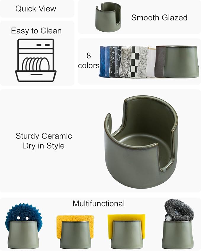 Zoeeker Sponge Holder, Ceramic Dish Sponge Drying Caddy for Kitchen Sink Scrubby Daddy Kitchen Organizer Cute Kitchen Accessories for Counter, Dark Green
