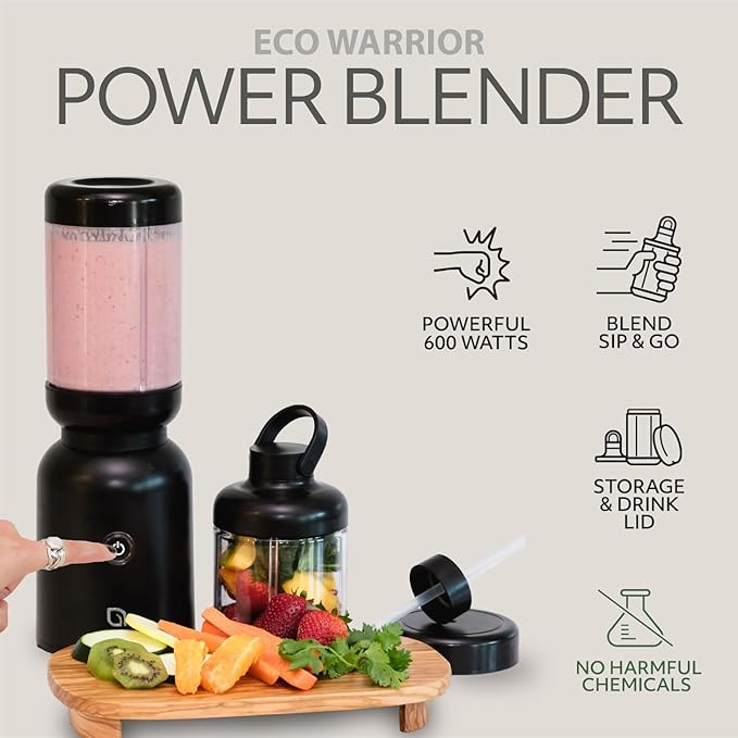 WILLOW Eco Series Warrior Blender, Compact Personal Blender for Smoothies, Shakes & Ice Crushing, One-Button-Operation Smoothie Maker, 600 Watt Base, Includes 30 OZ Cup + To-Go Cup with 2 Lids