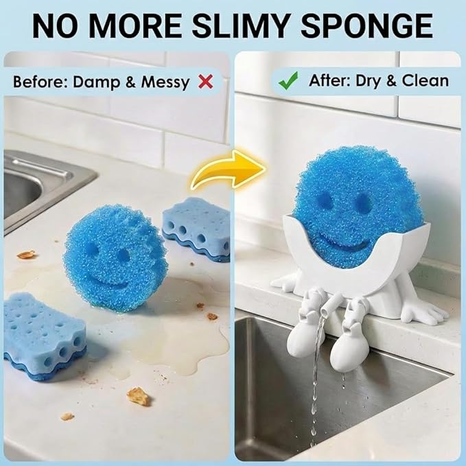 Creative Hanging Sponge Holder with Drainage/Traceless Glue, 3D Printing Countertop Funny Sponge Holders for Kitchen Sink, Keeps Your Sponge Dry & Smiling, for Scrub Daddy Holder (1, White)