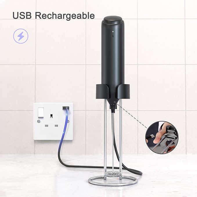 Rechargeable Coffee Frother by ELMWAY, Electric Milk Frother with Charging Stand & Wall Mount, Handheld Drink Mixer, Foam Maker for Coffee, Matcha - Black