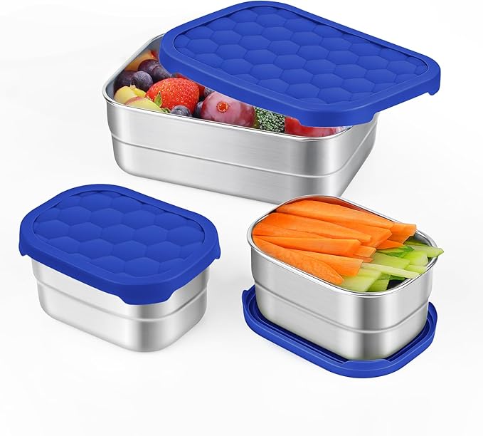 Tanjiae 3 CUP+1 CUP Stainless Steel Lunch Snack Containers Set | Leak Proof 304 Stainless Steel Food Containers with Silicone Lids - Perfect Metal Lunch Box for Home and Travel (25oz+8oz*2)