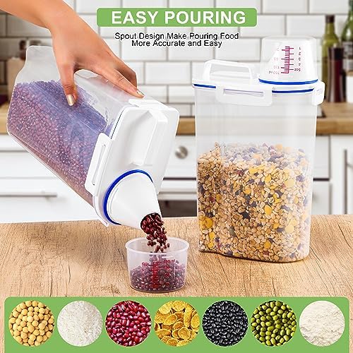 2 Pcs 5.5Lbs Rice Storage Container, Rice Container with Measuring Cup & Pour Spout, Kitchen Plastic Airtight Container for Cereal, Grain, Flour, Sugar, Oatmeal, Dry Pet Dog Food