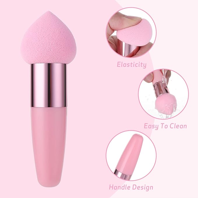 Sibba 3 Pcs Little Makeup Sponges with Handle, Powder Make Up Puff Set, Wet and Dry Foundation Blending Applicator, Cosmetic Concealer Face Brush, Lightweight Mini Beauty Sponges for Eyes and Sticks
