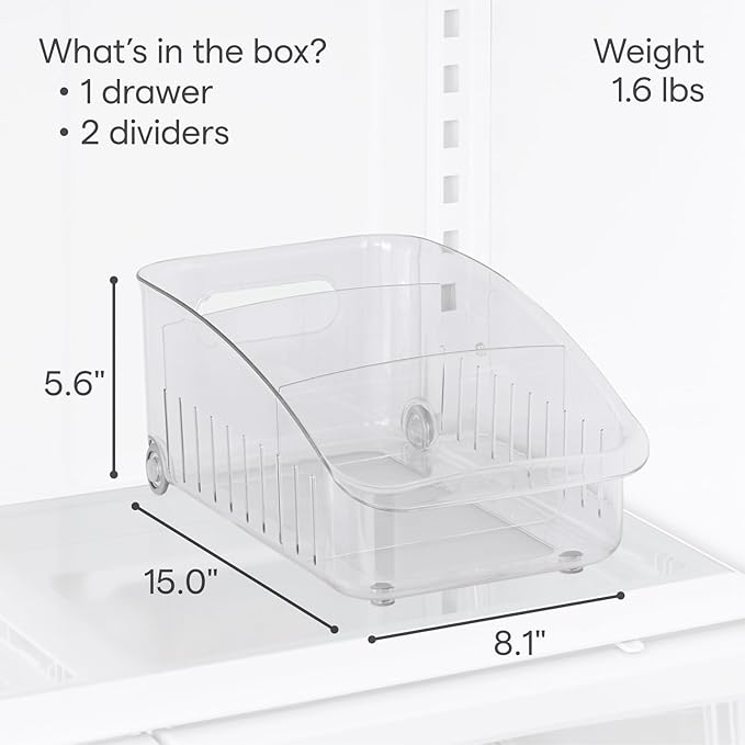 YouCopia RollOut® Fridge Drawer 8", Fridge Organizer and Storage, Clear BPA-Free Refrigerator Bin with Adjustable Dividers
