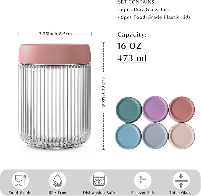 INSETLAN 16oz Glass Overnight Oats Containers with Lids – 6 Pack, Ribbed Glass Mason Jars for Meal Prep, Glass Food Storage Containers for Chia Pudding, Yogurt, Snacks, Fruit & Vegetables, Milk
