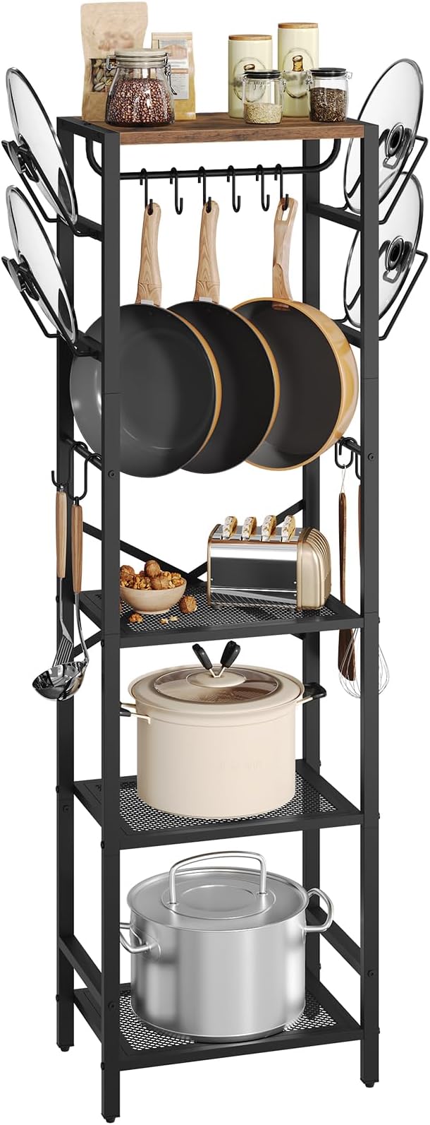 MAHANCRIS 4-Tier Pot Rack, Pots and Pans Organizer for Kitchen, Lid Organizer Rack with U-Shaped Lid Holders, Kitchen Storage Shelf for Standing Cookware, Rustic Brown and Black POHR3001