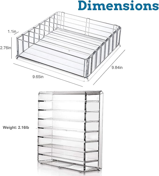 Bawuie Lid Organizer for Food Storage Container, Plastic Lid Holder with 7 Adjustable Dividers for Kitchen Pantry Cabinet and Drawer, Countertop Cupboard Lid Organization, Medium, Clear