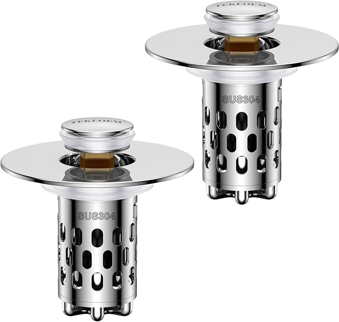 Bathroom Sink Drain Strainer,All Metal Pop-Up Sink Stopper with Removable Stainless Steel Filter Basket, Universal Bathroom Hair Catcher Fit for 1.1-2.36'' Drain (Silver, 2 Pack)