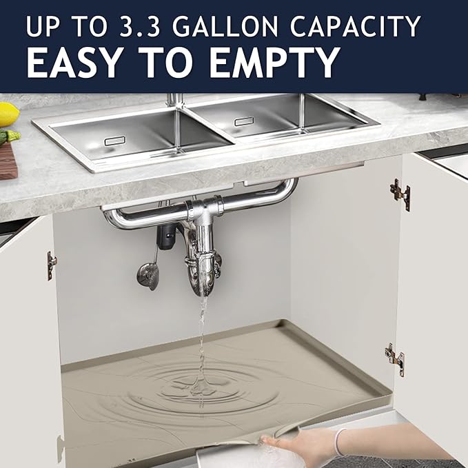 Heavy Duty Silicone Under Sink Mat for Kitchen&Bathroom 28" x 19", Waterproof Under Sink Rubber Mat Drip Tray, Raised Edge Under Sink Liner,Prevent Drips, Leaks, Spills,Brown