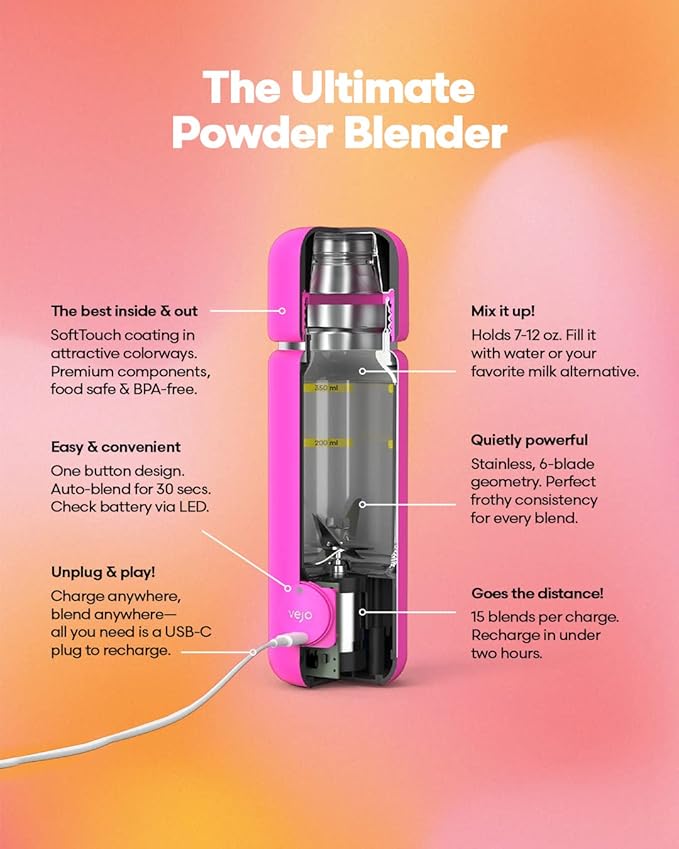 VEJO 12oz Electric Protein Shaker Bottle – USB Rechargeable Powder Mixer for Protein Shakes, Pre-Workout, Creatine | No Clumps, No Ball | 6-Blade Blending | BPA-Free | Gym Bag Travel Size | Neon Pink
