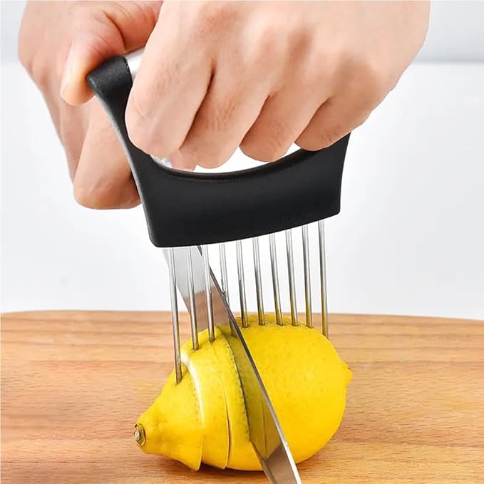 Onion Slicer Holder with Protective Cover, Lemon Slicer Holder Onion Cutter, Vegetable Cutter Kitchen Chopper Slicing Assistant Tool for Tomato Meat