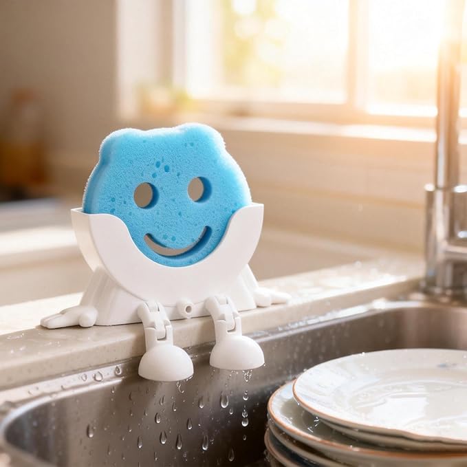 Cute Hanging Sponge Holder,Smiley Face Sponge Holder with Drainage Keeps Your Sponge Dry & Smiling,For Scrub Daddy Holder,Spac-Saving & Quick Drying Sponge Storage Organizer (blue)