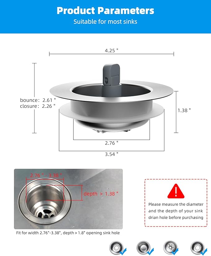 Hibbent 2 Pack 3 in 1 Kitchen Sink Drain Strainer and Stopper Combo, Stainless Steel Metal Pop Up Sink Stopper with Foldable Handle, 6 Anti-Clogging Baskets, Fit for US Standard 3-1/2 Inch Drain