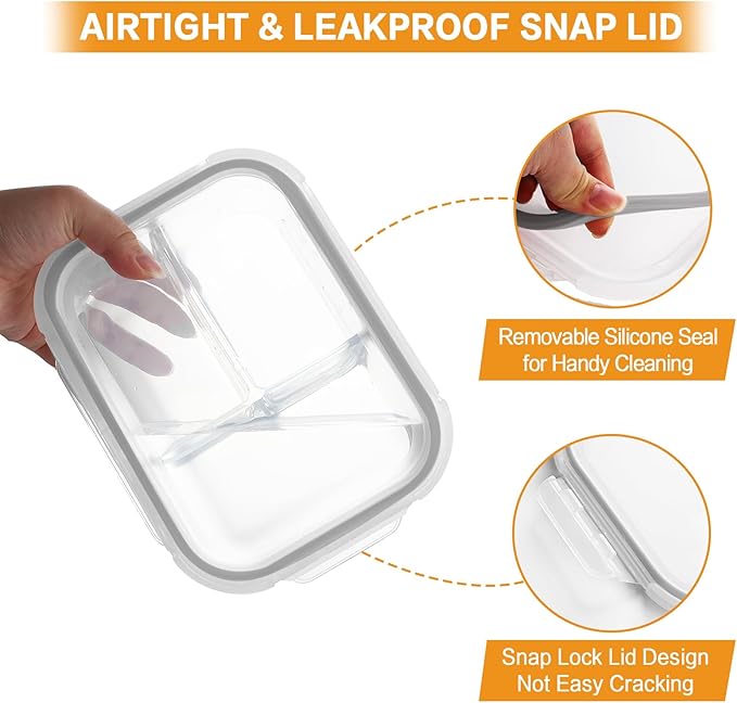 Bayco 9 Pack Glass Meal Prep Containers - 3, 2 & 1 Compartment Glass Food Storage Containers with Lids, Airtight & Leak Proof Lunch Bento Boxes - Grey