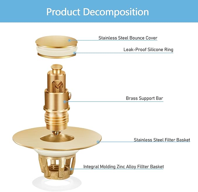 Gold Bathroom Sink Stopper – Pop Up Drain Stopper & Strainer, 2-in-1 Universal Sink Stopper, Compatible with 1.1" to 1.5" Bathroom Sink Drain Pipes, Gold Matte Brushed Finish