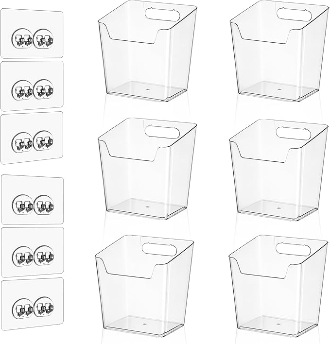 Clear Inside Cabinet Door Organizer, 6 Pack Plastic Wall Storage Bin Adhesive, Vertical Versatile Caddy Makeup Brush Pen Holder for Small Spaces in Bathroom, Office, Kid's Room Organization, No-Drill