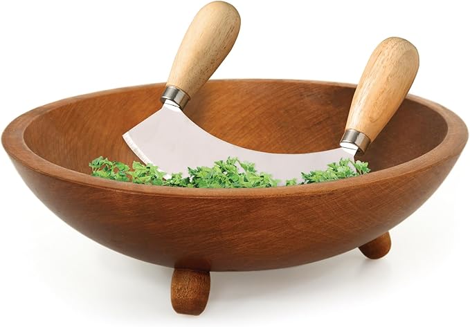 HIC Kitchen Mezzaluna Rocking Chopper And Mincing Knife With Double Handles, Stainless Steel, Rubberwood, For Herbs Vegetables Nuts And More