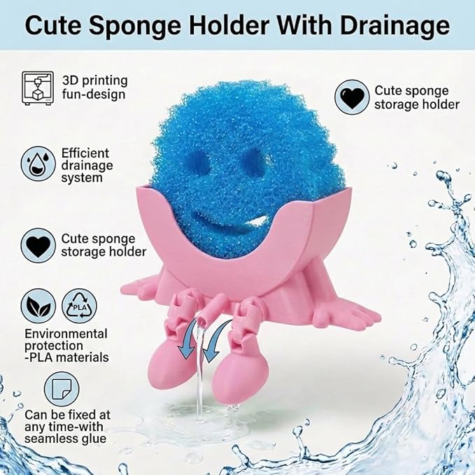 Creative Hanging Sponge Holder with Drainage/Traceless Glue, 3D Printing Countertop Funny Sponge Holders for Kitchen Sink, Keeps Your Sponge Dry & Smiling, for Scrub Daddy Holder (1, Pink)