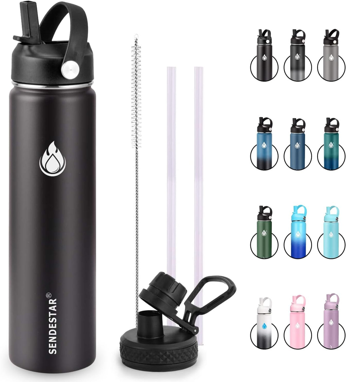 Insulated Water Bottle 24 OZ, Wide Mouth 24 oz Water Bottle with Straw Lid, Spout Lid, Double Wall Vacuum Stainless Steel Leak Proof, Keeps Liquids Hot or Cold (Black)