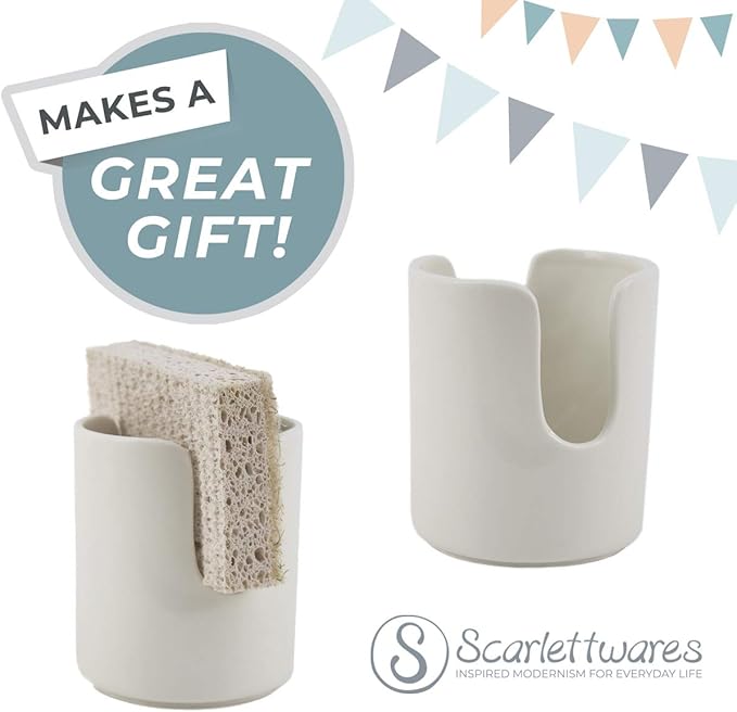 scarlettwares Ceramic Dish Sponge Holder for Kitchen Sink Dishwasher Safe Farmhouse Elegant Cute Sturdy