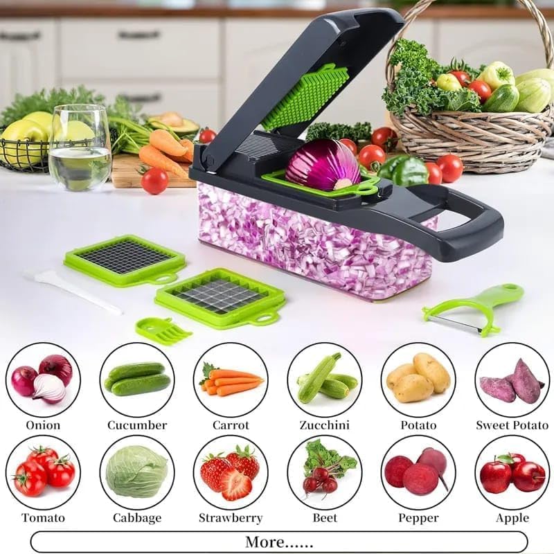 14-in-1 Vegetable Chopper, Mandoline Slicer & Food Dicer with Container, Multifunction Vegetable Cutter with Stainless Steel Blades, Onion Chopper, Grater, Julienne & French Fry Cutter - Image 5