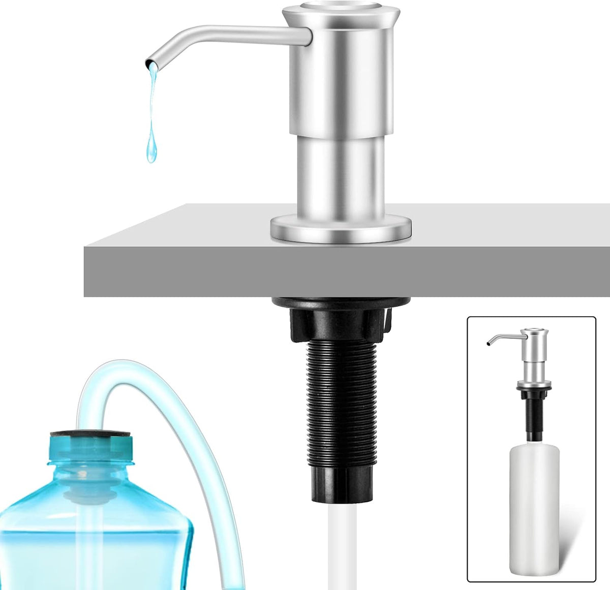 Built-in Soap Dispenser for Kitchen Sink, Soap Dispenser Pump Set with 17oz Bottle and 47.2-inch Extension Tube Kit for Dish Detergent - Stainless Steel, Brushed Nickel