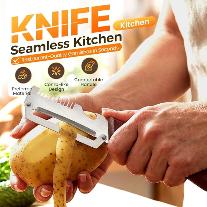 2026 New Multi-functional Vegetable Peeler, 3 in 1 Ktchen Multi-function Stainless Steel Thickened Fruit Peeler Knife with Wooden Handle, Suitable for Peeling Fruits and Shredding Scallions (1)