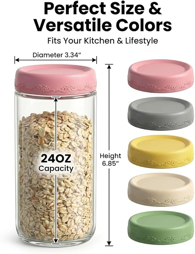 24oz 4Pack Glass Overnight Oats Jars Containers with Airtight Leakproof Lids, Reusable Mason Jars for Meal Prep, Yogurt Parfaits, Smoothies, Salads & Healthy Breakfasts (24 OZ-4-2)