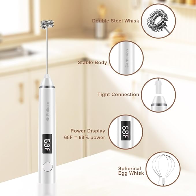 Philorn Milk Frother Wand Handheld Rechargeable Electric Whisk Coffee Drink Mixer, Mini Foamer for Lattes, Cappuccino, Frappe, Matcha, Hot Chocolate, Protein Powder, Keto Diet (White 2 Heads)