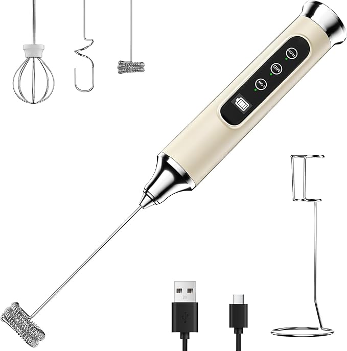 YUSWKO Beige Milk Frother Wand for Coffee with Stand, Handheld Coffee Frother, Rechargeable Drink Mixer, Waterproof Electric Whisk