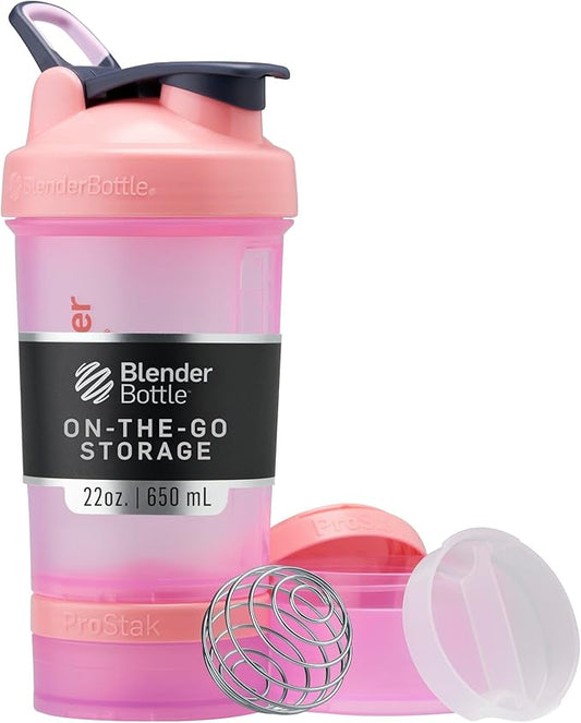 BlenderBottle Shaker Bottle with Pill Organizer and Storage for Protein Powder, Classic V2 ProStak System, 22-Ounce, Pink