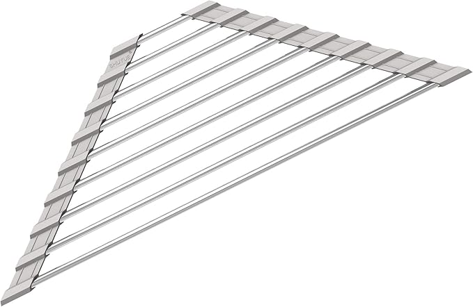 Triangle Dish Drying Rack for Sink Corner Roll Up Folding Stainless Steel Multipurpose Over The Sink Dish Drainer Mat for Kitchen (Grey)