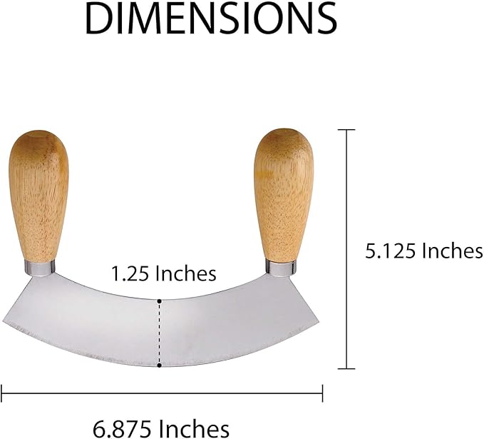 HIC Kitchen Mezzaluna Rocking Chopper And Mincing Knife With Double Handles, Stainless Steel, Rubberwood, For Herbs Vegetables Nuts And More