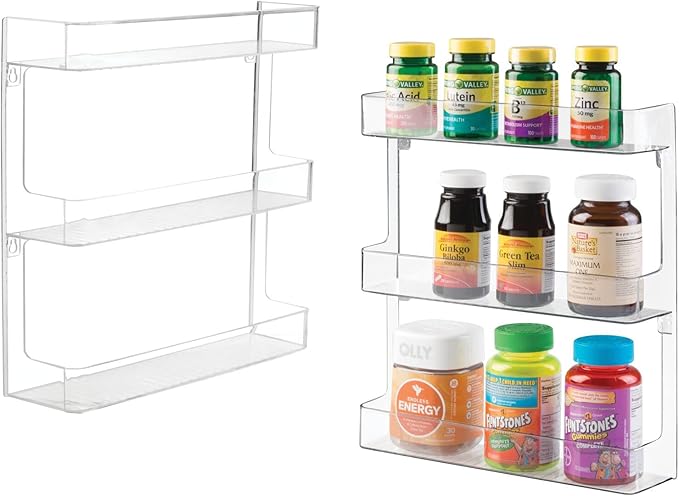 mDesign Plastic Wall Mount, 3 Tier Storage Organizer Shelf to Hold Vitamins, Supplements, Aspirin, Medicine Bottles, Essential Oils, Nail Polish - Large Capacity - Ligne Collection - 2 Pack, Clear
