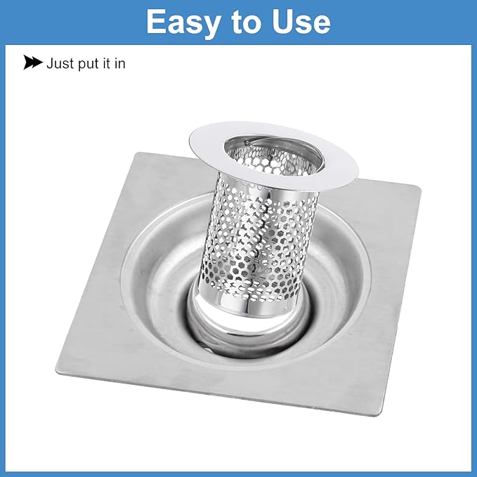uxcell 2 Pack Shower Drain Strainers, 2" x 2.2" Stainless Steel Floor Drain Strainer Deep Sink Hair Catcher for Kitchen Bathroom Balcony Floor Drain, Fit Hole Size 1.38" to 2.17"