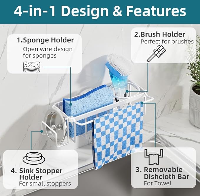 TAILI 4-in-1 Sink Caddy with Strong Suction Cup, Sponge Holder for Kitchen Sink Organizer, Removable, Rustproof, Stainless Steel Holder for Sponge, Brush, Scrubber, Scraper - White