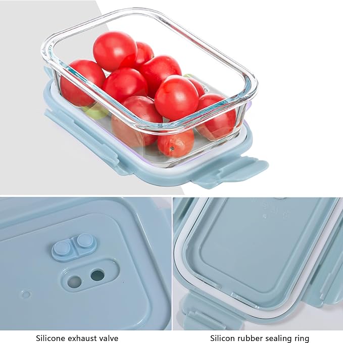 4Pack 13oz/0.37L Glass Meal Prep Containers with Lids, Glass Storage Containers with Lids, BPA-Free, Pantry Organizers and Storage, Freezer to Oven Safe (Light blue)