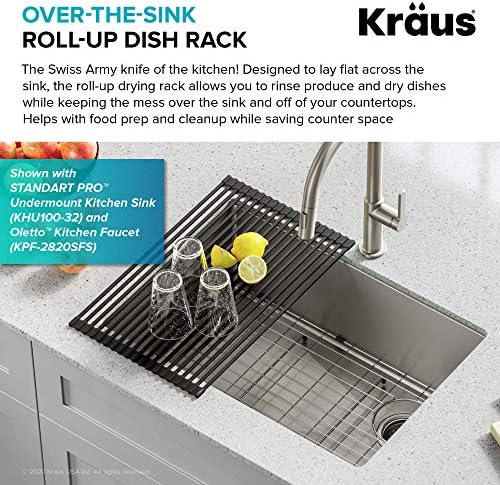Kraus Multipurpose Over-Sink Roll-Up Dish Drying Rack, Colander and Trivet in Dark Grey, KRM-10DG