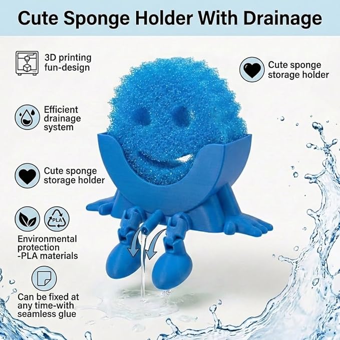 Creative Hanging Sponge Holder with Drainage/Traceless Glue, 3D Printing Countertop Funny Sponge Holders for Kitchen Sink, Keeps Your Sponge Dry & Smiling, for Scrub Daddy Holder (1, Blue)