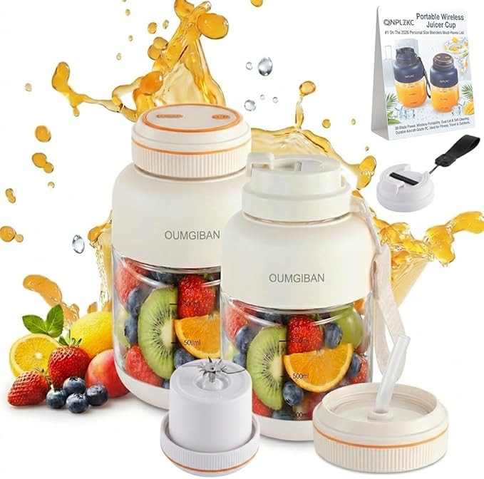 Portable Wireless Juicer Cup Machine 38-Blade Electric Mini Small Fresh Juice Personal Blender Cups for Smoothie Shake Travel Dual Lid Drinking Bottle Multifunctional Kitchen Appliance